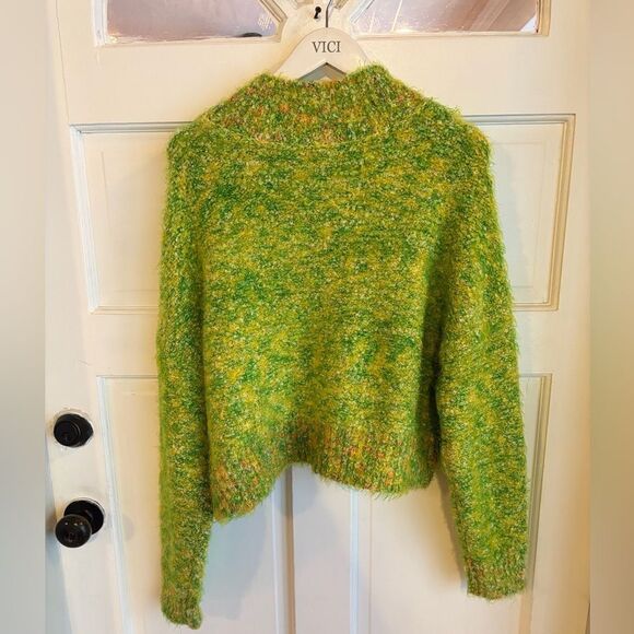 NWT free people stardust pullover lemon lime green yellow fuzzy mock sweater - Picture 4 of 7